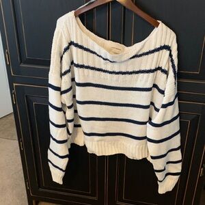Lucky Brand Off-Shoulder Sweater in White and Navy